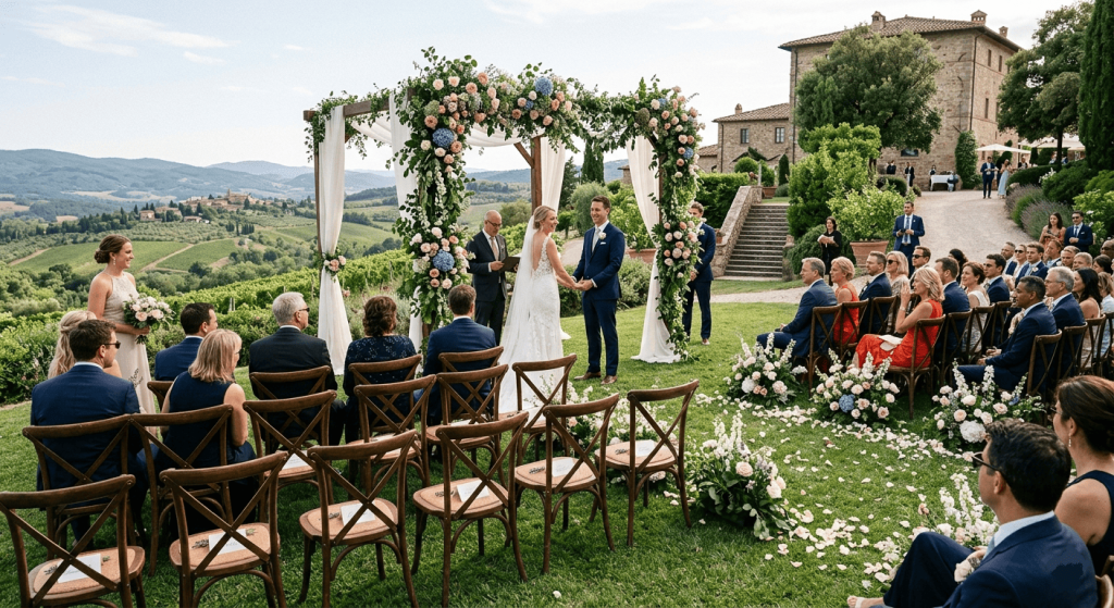 wedding ceremony with several empty seats visible, elegant venue, guests engaged in the ceremony, subtle visual representation of absent invitees