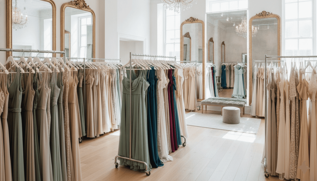 multiple gown racks displaying coordinated wedding color palettes, fitting area mirrors reflecting various dress tones