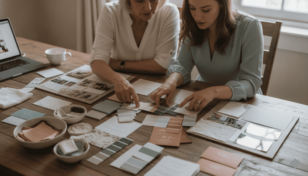 older Caucasian mother and adult daughter reviewing wedding color swatches together at a dining room table, mood boards, fabric samples and wedding stationery spread out naturally