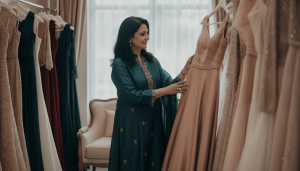 elegant South Asian mother of the bride in her late 50s standing in a bridal boutique surrounded by dresses in different sophisticated colors, comparing options with a thoughtful smile