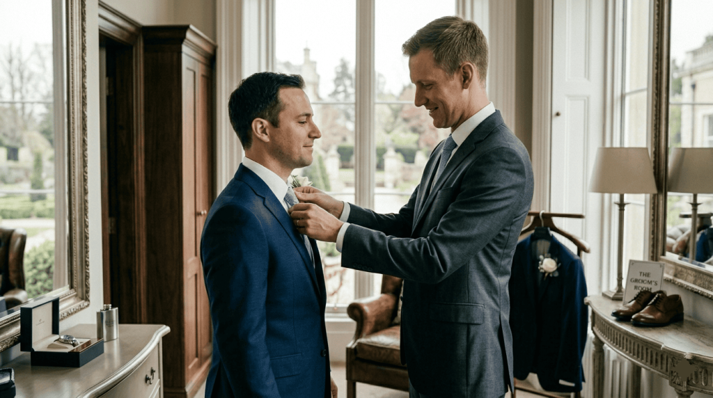 tall Caucasian best man adjusting the groom’s tie moments before the ceremony, calm and supportive expression, elegant dressing room environment