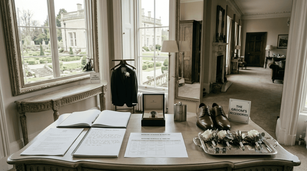wedding preparation suite, neatly arranged groom accessories, speech notes, wedding schedule, cufflinks and boutonnières on a table