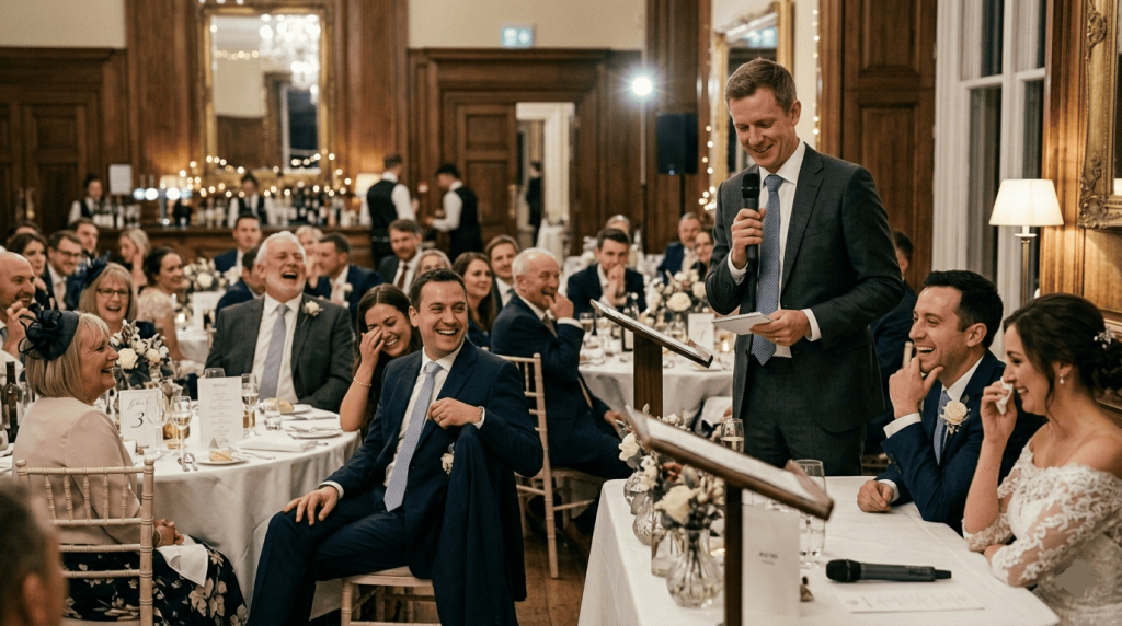 best man delivering an emotional speech during the reception, guests reacting with laughter and attention, candid storytelling moment