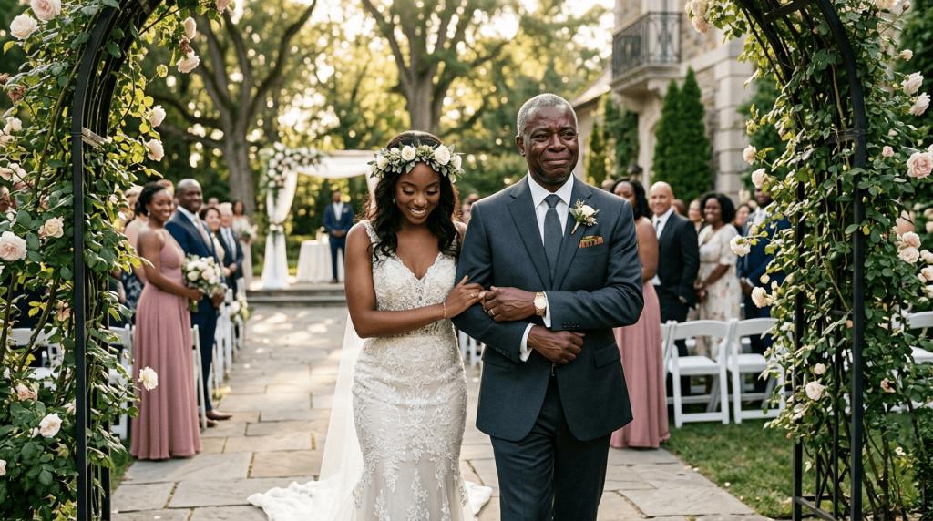 distinguished African father of the bride walking arm-in-arm with his daughter before the ceremony, emotional yet proud expression