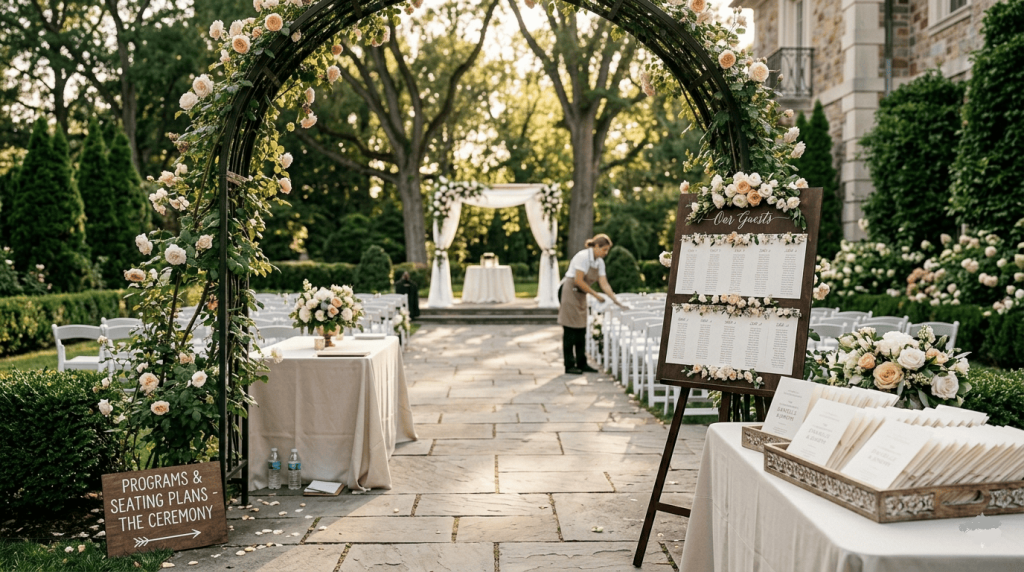 wedding venue entrance moments before guests arrive, ceremony programs, floral arrangements and seating plans prepared