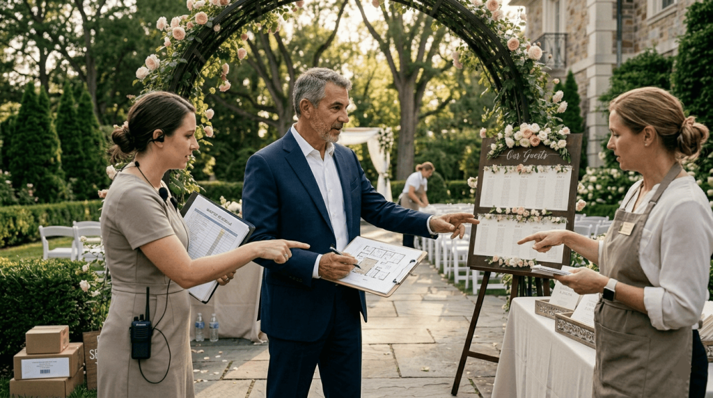 father of the bride reviewing event logistics with the wedding coordinator and vendors during setup, practical behind-the-scenes responsibility