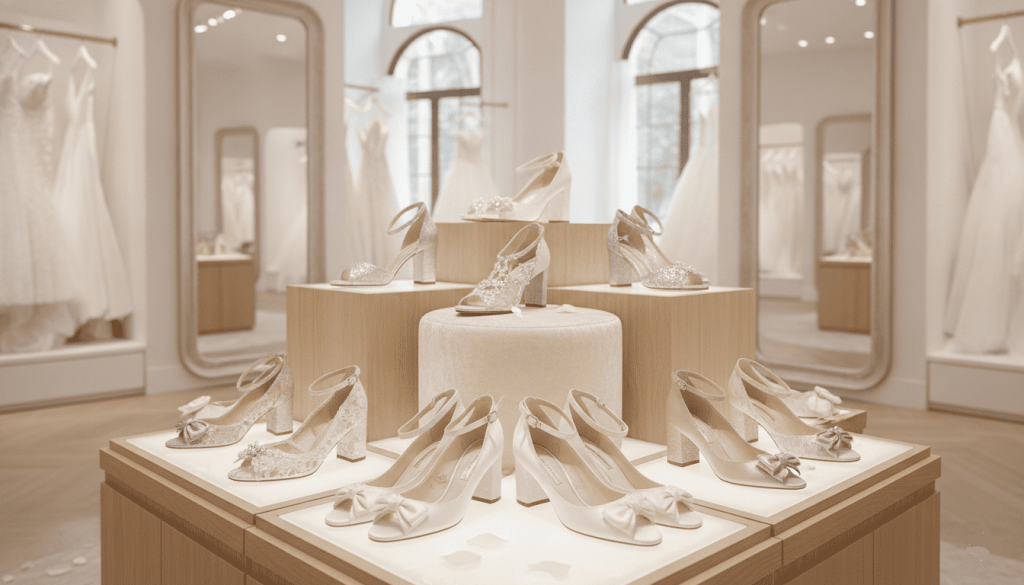 bridal boutique shoe display, curated selection of wedding footwear including heels, sandals and flats arranged elegantly