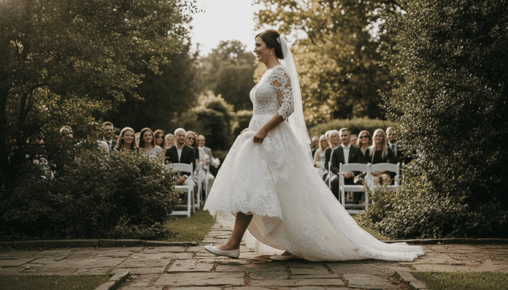 bride walking confidently across a stone garden pathway during an outdoor ceremony, visible focus on practical yet elegant footwear supporting movement