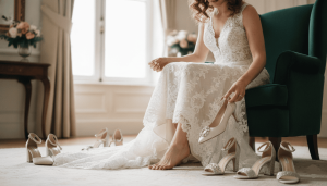 athletic-built bride with auburn curly hair seated on a velvet chair trying on different wedding shoes beneath her gown, comparing heels and elegant flats