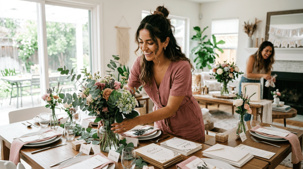 cheerful Latina maid of honor organizing decorations and invitations for a bridal shower, arranging flowers and place settings