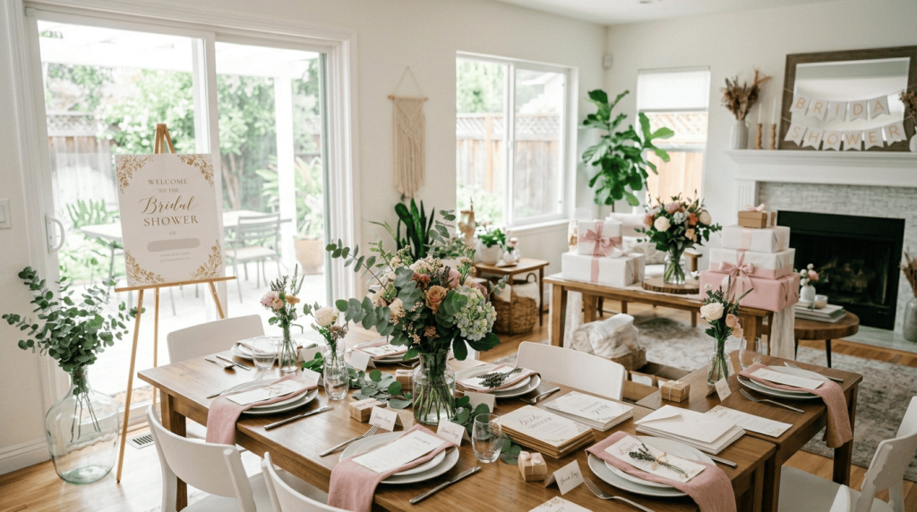 beautifully prepared bridal shower venue before guests arrive, decorated tables, floral centerpieces, welcome signage, gift area arranged neatly
