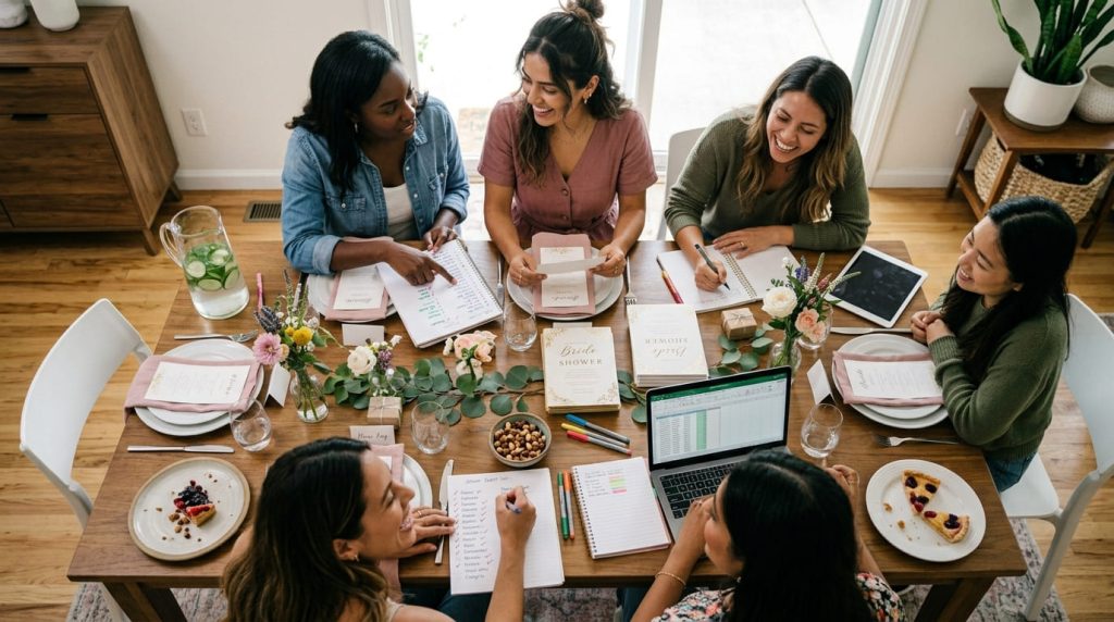 diverse group of female friends collaborating around a planning table covered with guest lists, invitations and refreshments