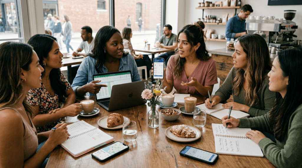 bridesmaids splitting expenses through mobile payment apps while seated in an airport lounge, practical trip-planning context, close-to-medium reportage framing