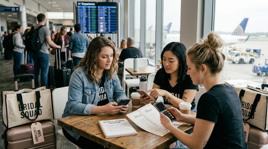 group of diverse women in their late 20s discussing travel expenses and activity plans at a café table, smartphones, notebooks and budgeting notes visible