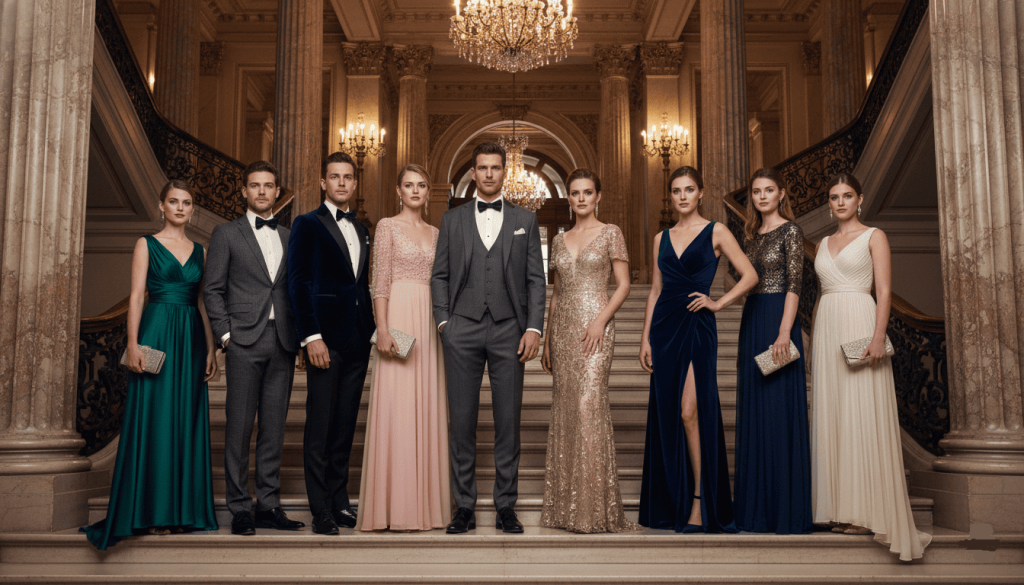 group of wedding guests dressed according to black tie optional dress code, men wearing tuxedos and dark suits, women in elegant evening gowns, luxury venue background