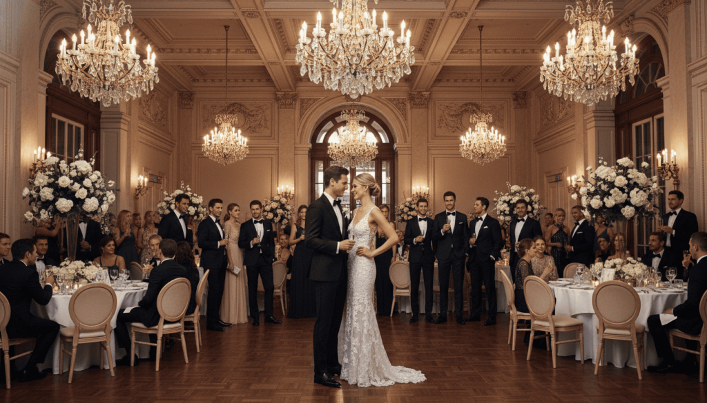 wedding ballroom reception with guests dressed in black tie optional attire, crystal chandeliers, sophisticated atmosphere