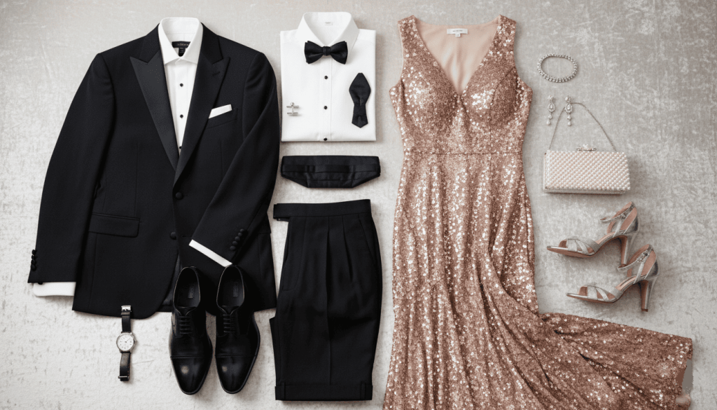 wardrobe preparation scene featuring tuxedo, dark suit, evening gown, formal shoes and accessories neatly displayed