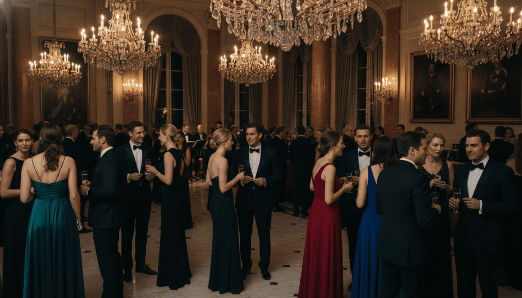 Elegant formal gala event with guests wearing black tie attire, luxury ballroom, men in tuxedos and women in evening gowns mingling during cocktail hour