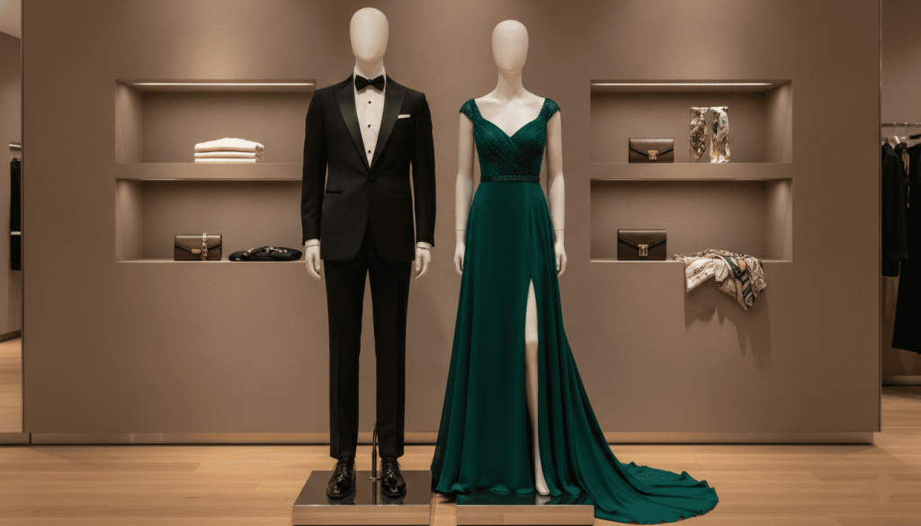 fashion showroom displaying examples of formal clothing, male mannequin wearing black tuxedo and female mannequin wearing floor-length evening gown