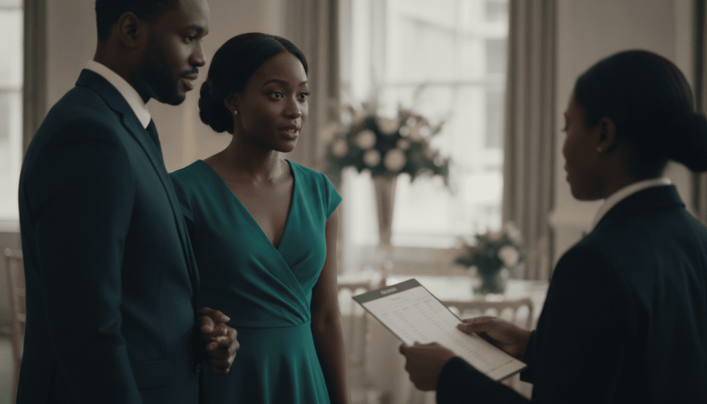 Black woman in an emerald cocktail dress speaking with an event host holding a guest list at an elegant wedding reception entrance, with her companion standing beside her.