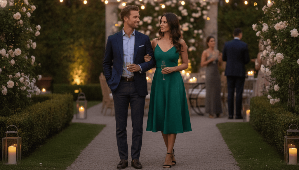 couple attending a semi-formal event, man wearing blazer and dress pants without tuxedo, woman wearing cocktail dress