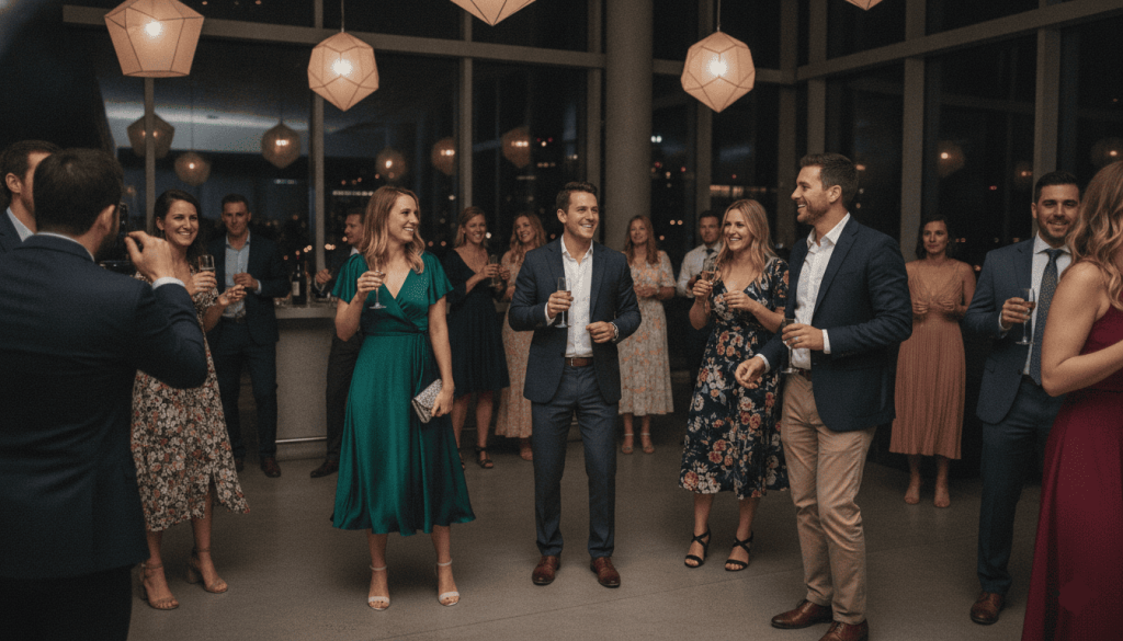 wedding reception, guests wearing cocktail dresses, blazers, dress shirts and elegant separates, modern event venue