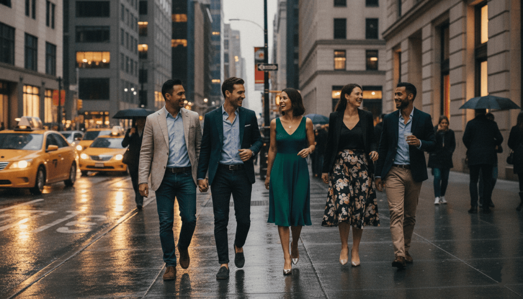 Busy modern city street with professionals and event attendees dressed in semi-formal clothing, stylish but not overly formal outfits
