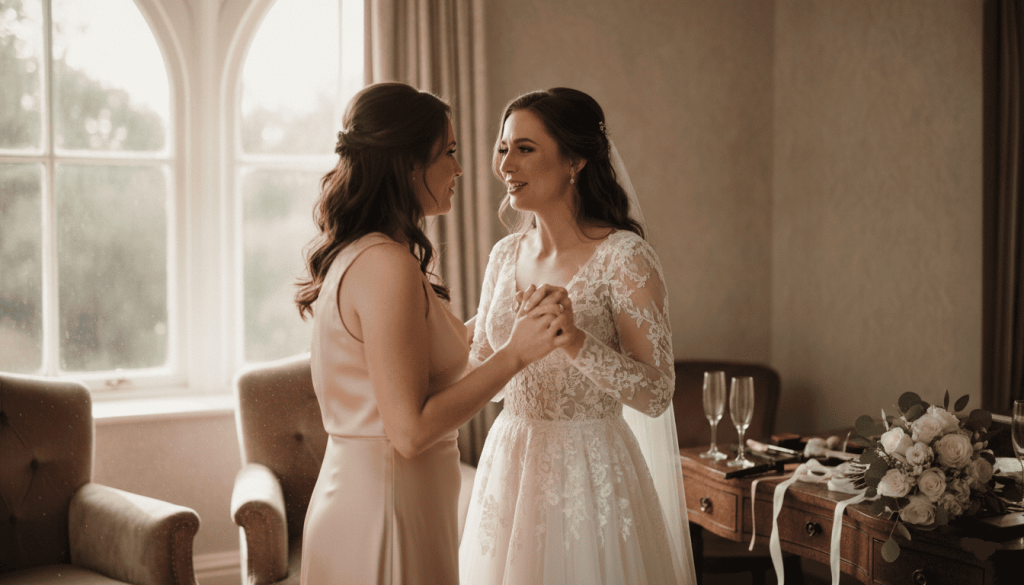 Bride and maid of honor sharing an emotional conversation before the ceremony