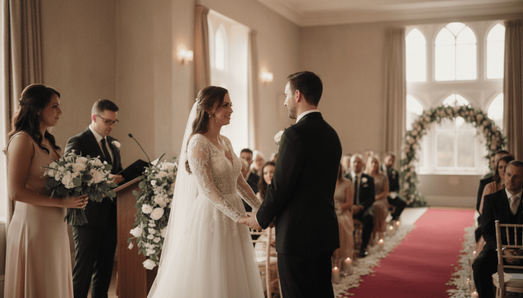 Wedding ceremony viewed from the side, maid of honor holding bouquet and assisting during the event, officiant
