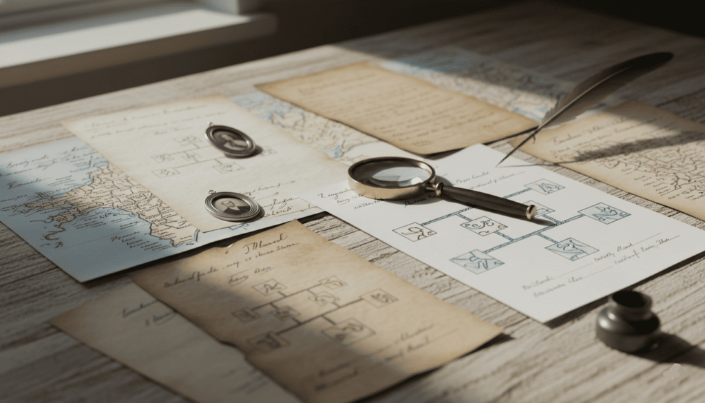 genealogy documents, family records, birth certificate style paperwork and family tree notes spread across a wooden desk