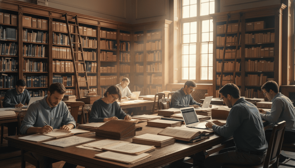 records archive or library reading room, researchers consulting historical documents, shelves filled with records and archives