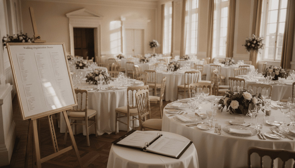 An elegant wedding reception hall with round tables set with white tablecloths, floral centerpieces, and an easel holding a seating chart arrangement in the foreground.