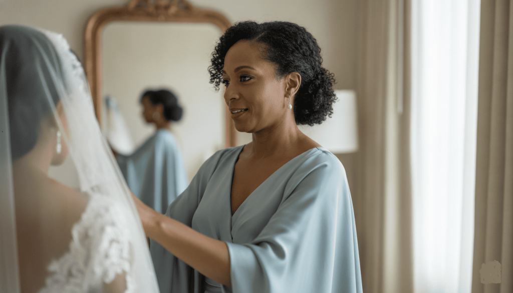 A woman in a light blue dress smiling gently while helping a bride adjust her veil before a wedding ceremony.