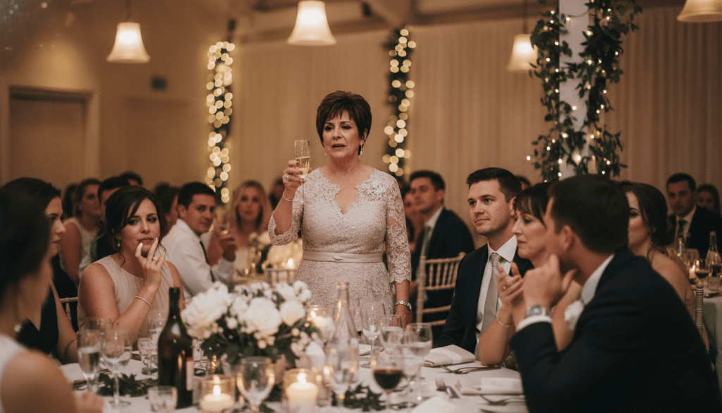An elegant middle-aged woman standing at a wedding reception table, holding up a glass of champagne to give a toast to the guests.