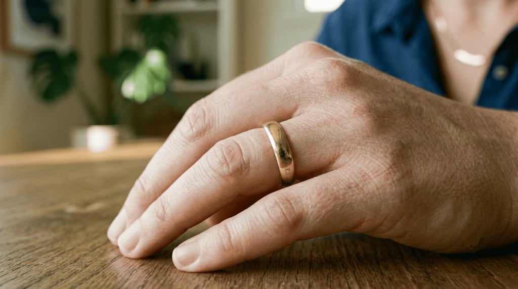 close-up of a wedding band worn on the ring finger of the left hand, natural skin texture