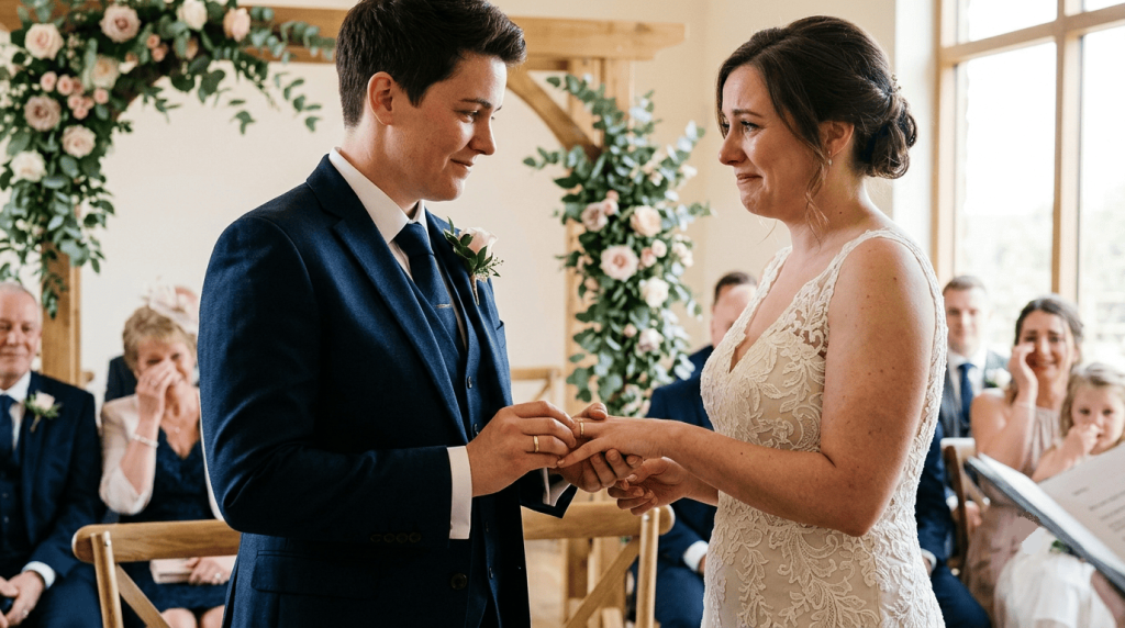 Wedding ceremony moment showing one partner placing a wedding ring on the ring finger of the other partner
