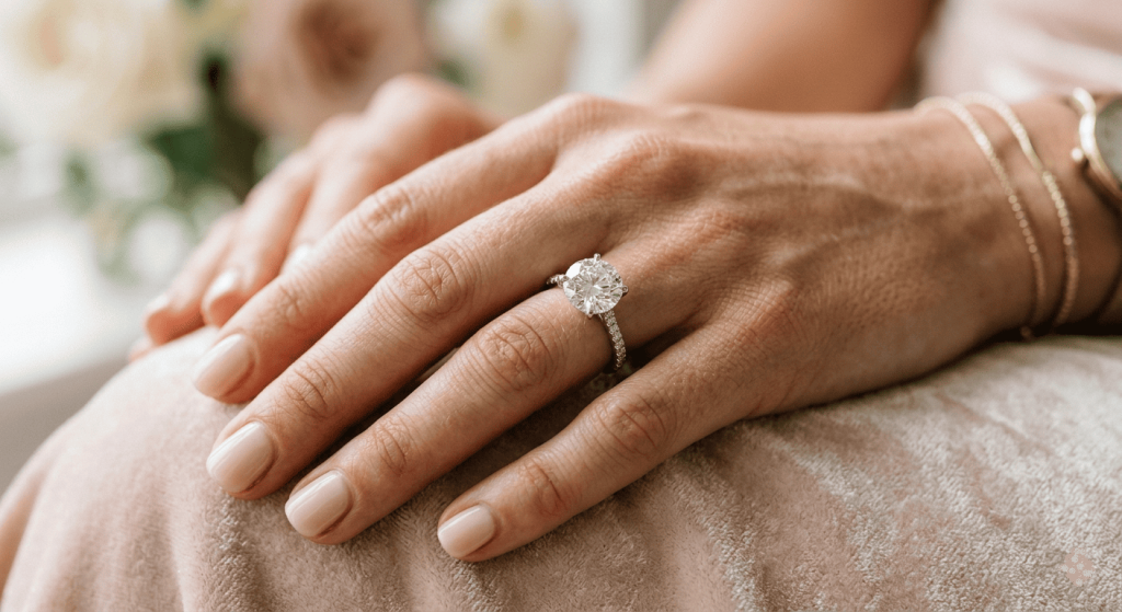 image of a diamond engagement ring worn on the left ring finger of a woman, natural hand pose, elegant manicure