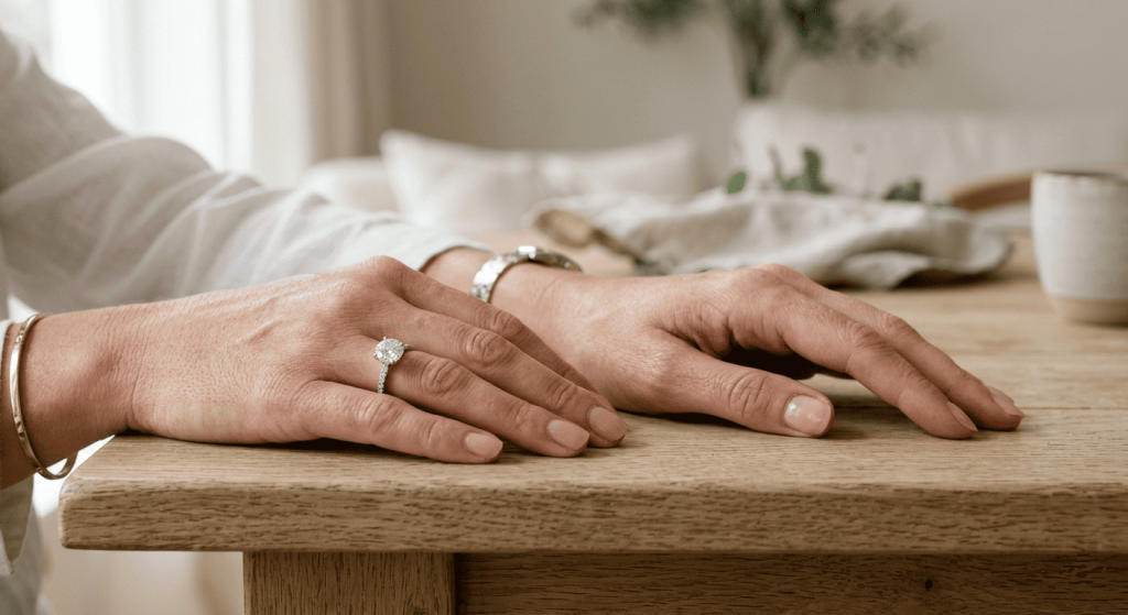 hands of a woman and a man resting on a table, engagement ring visible on left ring finger