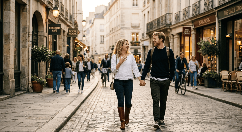 engaged couple walking hand in hand through a charming city street, engagement ring clearly visible on woman's left hand