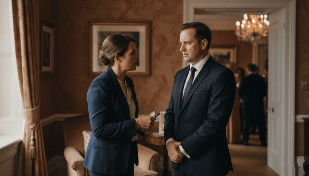 Wedding coordinator speaking discreetly with a concerned guest in a side room during a wedding event, calm discussion