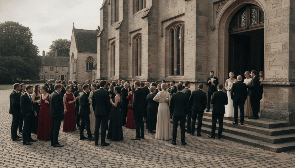 wedding venue exterior with guests gathering and discussing quietly after a ceremony, realistic crowd dynamics