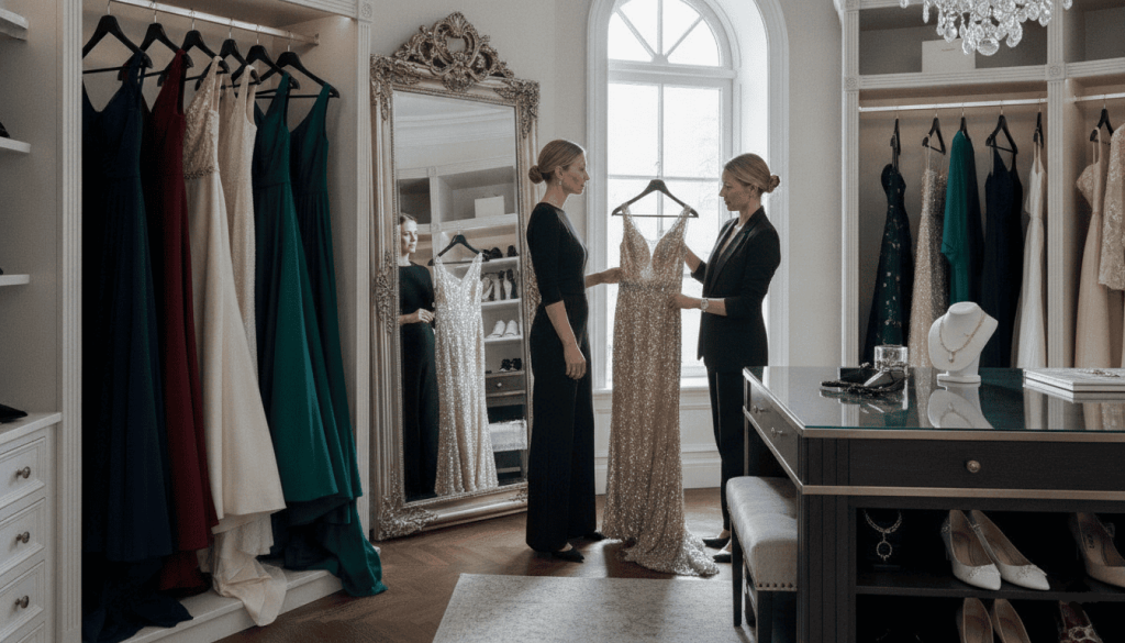 walk-in closet, woman evaluating several formal evening gowns suitable for black tie events, garment rack with elegant dresses