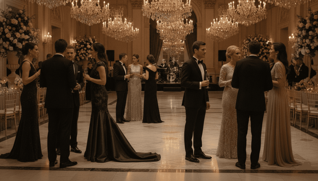 Elegant black tie event with guests attending a formal evening gala, women wearing floor-length gowns, men in tuxedos, grand ballroom with chandeliers
