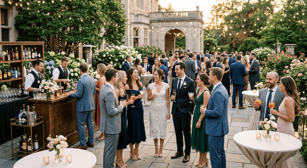 wedding cocktail reception, guests socializing while wearing cocktail attire, drinks, elegant venue
