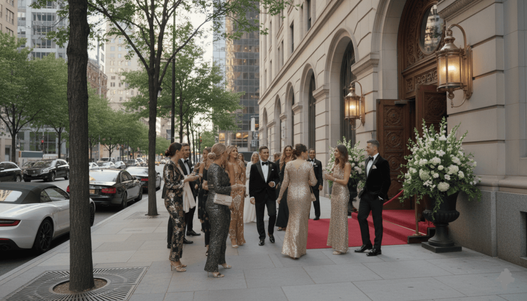 wedding guests arriving at an elegant venue wearing cocktail attire, men in suits, women in sophisticated cocktail dresses