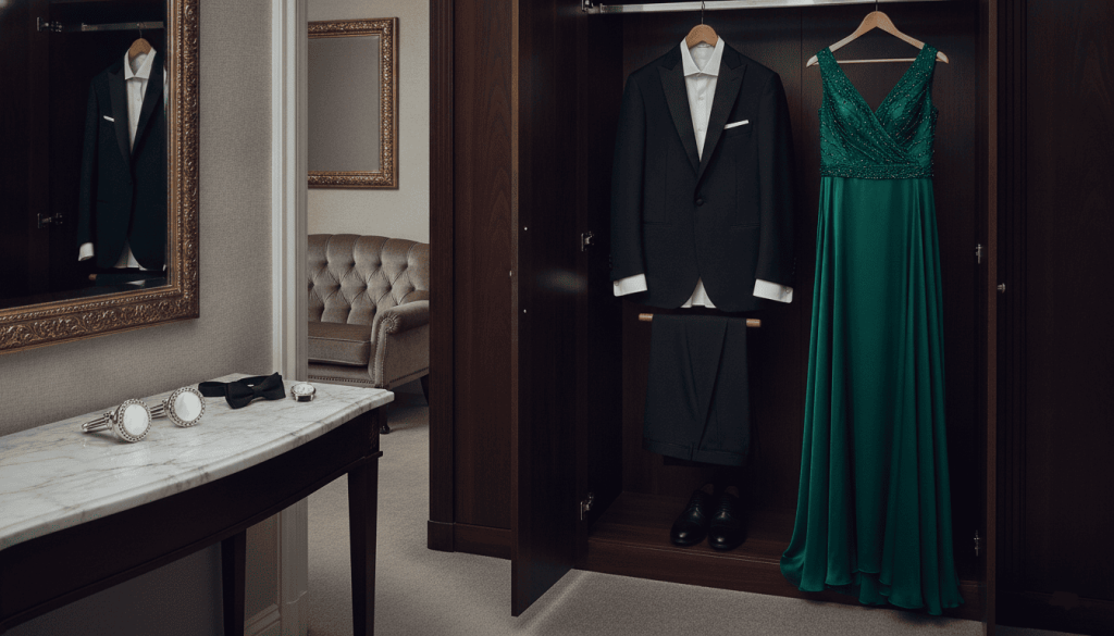 dressing room featuring a perfectly tailored black tuxedo hanging next to an elegant evening gown, polished dress shoes
