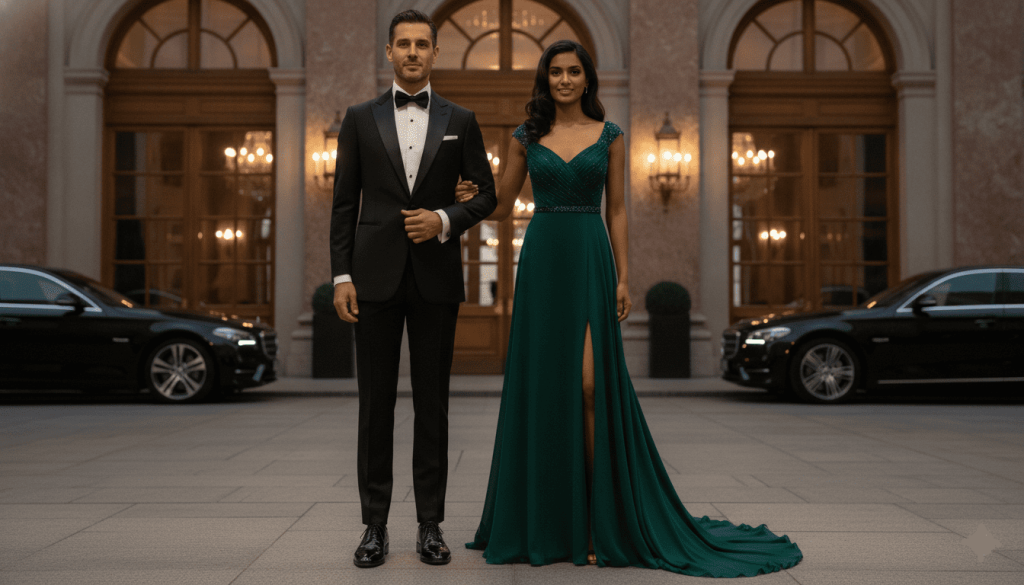 Well-dressed couple attending a formal evening event, man wearing classic black tuxedo, woman wearing elegant floor-length gown, standing outside a luxury venue