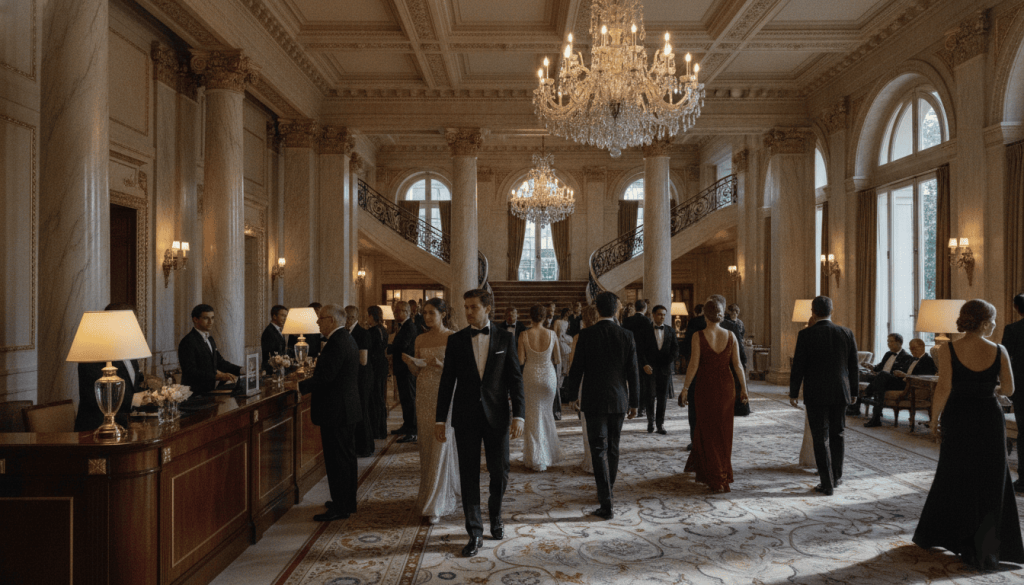 Luxury hotel lobby during a formal event, multiple guests arriving in formal attire, concierge desk, elegant architecture