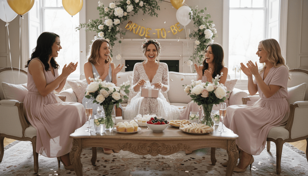 bridal shower gathering, bride-to-be opening gifts surrounded by friends, elegant home decoration