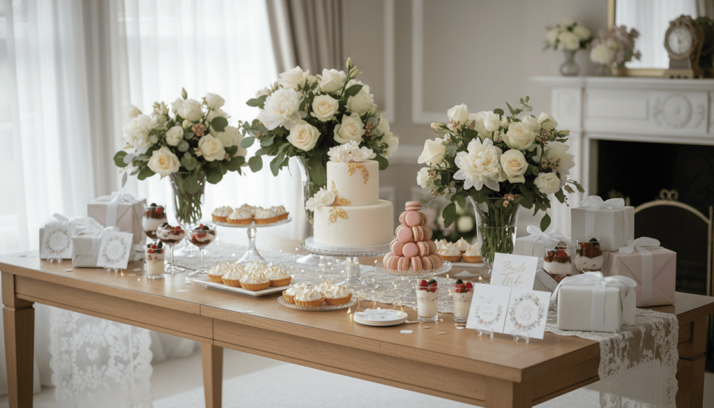 bridal shower table setup with floral centerpieces, desserts, gifts, personalized decorations, soft natural lighting